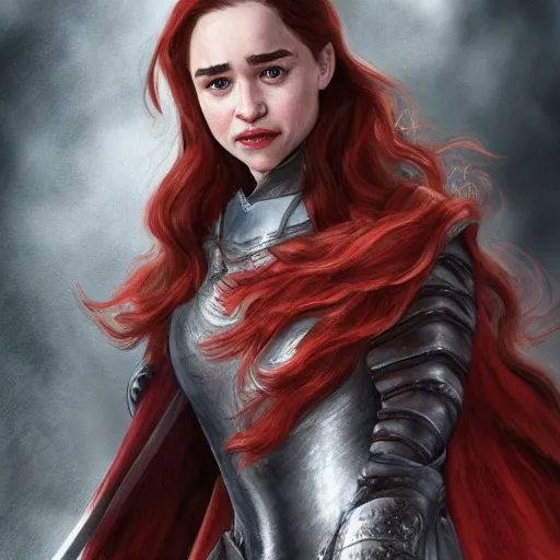 Image similar to emilia clarke, as a medieval fantasy character, with dark reddish hair, wearing light, silver armor and red clothing, tan complexion, holding a longsword, smiling, noble, cinematic, gloomy background, realistic, digital art, character art, 8 k