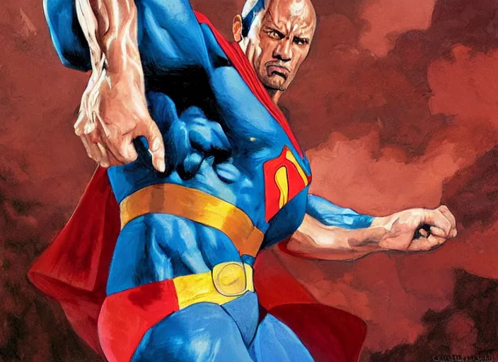 Prompt: a highly detailed beautiful portrait of the rock as superman, by gregory manchess, james gurney, james jean