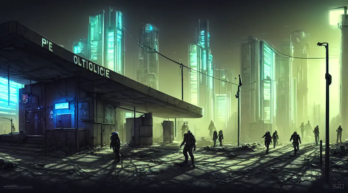 Image similar to post - apocalyptic police station, building, paved roads, complex textures, sci - fi art, highly detailed photography, trending on artstation, hyperrealistic, human silhouettes, cyberpunk, environment artist, dystopian, science fiction, synthwave neon retro, concrete, vivid colors