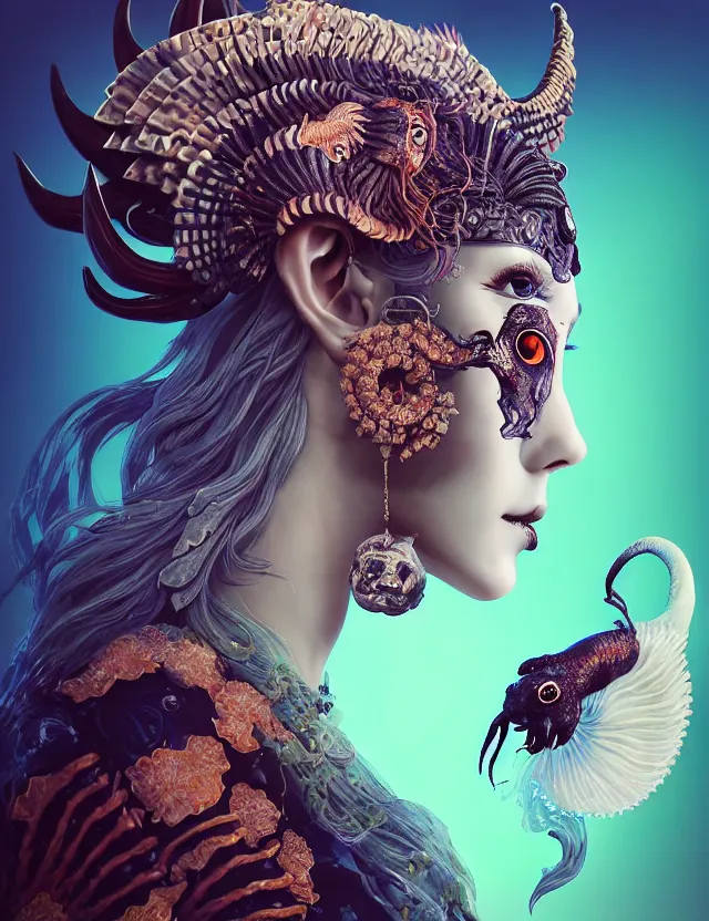 Image similar to 3 d goddess of satan close - up profile portrait with ram skull. beautiful intricately detailed japanese crow kitsune mask and clasical japanese kimono. betta fish, jellyfish phoenix, bio luminescent, plasma, ice, water, wind, creature, artwork by tooth wu and wlop and beeple and greg rutkowski