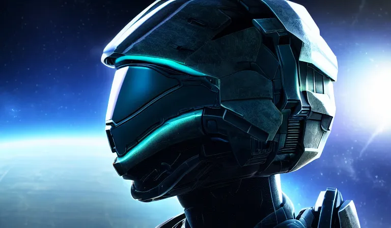 Image similar to cyberpunk halo helmet on space, planet behind, close shot, reflection, epic, dramatic, cinematic, award winning, ultra detailed, realistic, 8k,