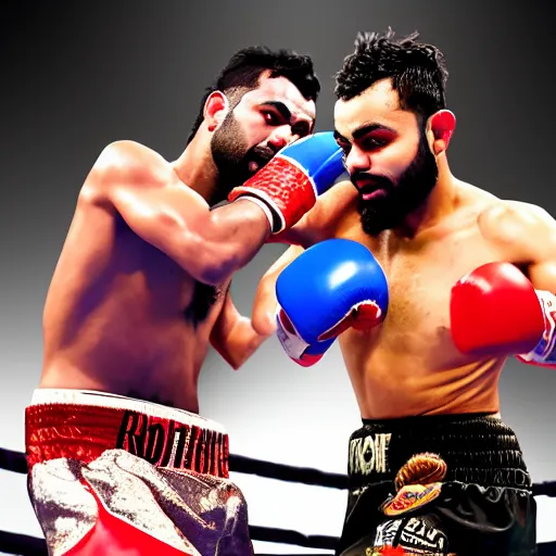 Image similar to landscape photography of a boxing match between rohit sharma and virat kohli in the ring, ultra realistic, highly detailed, canon 3 5 mm photography