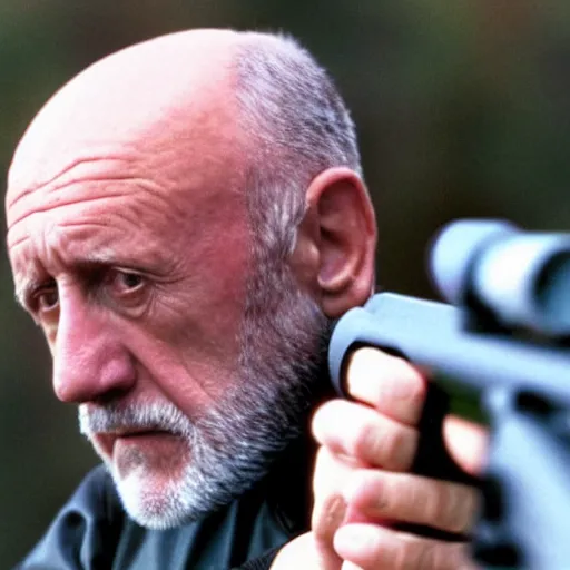 Prompt: Film Still of Mike Ehrmantraut aiming a sniper rifle, 8k, highly detailed