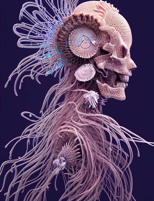 Image similar to 3 d goddess close - up profile portrait with ram skull. beautiful intricately detailed japanese crow jellyfish phoenix, bio luminescent, plasma kitsune mask and clasical japanese kimono. betta fish, jellyfish phoenix, bio luminescent, plasma, ice, water, wind, creature, artwork by tooth wu and wlop and beeple and greg rutkowski