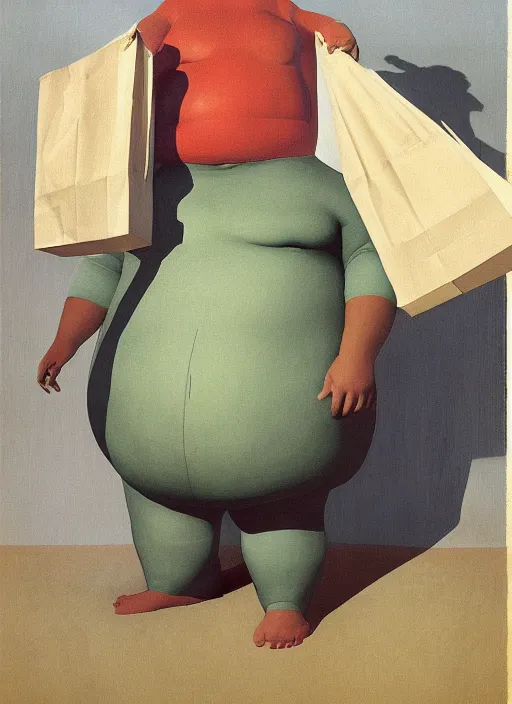 Image similar to large fat man in dress made from plastic bag with paper bags for clothes standing inside paper bags with paper bag over the head at store display Edward Hopper and James Gilleard, Zdzislaw Beksinski, highly detailed