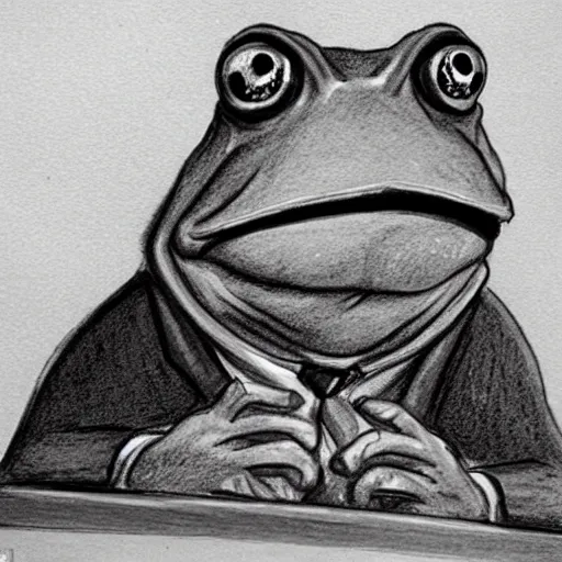 Image similar to a courtroom sketch of an angry frog pointing at alex jones on the stand