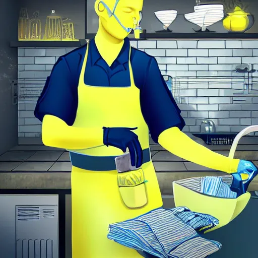 Image similar to A police officer wearing rubber gloves to wash dishes in kitchen, highly detailed, ambient lighting, trending on art station