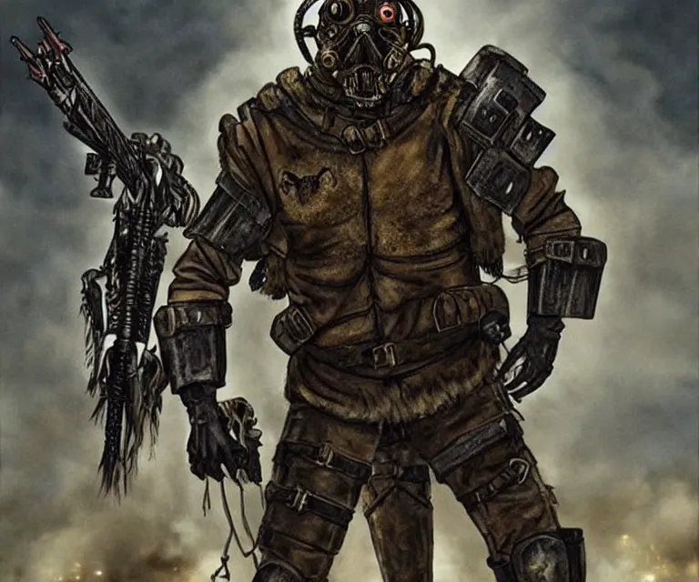 Image similar to a good ol'hound dog fursona ( from the furry fandom ), heavily armed and armored facing down armageddon in a dark and gritty version from the makers of mad max : fury road. witness me.