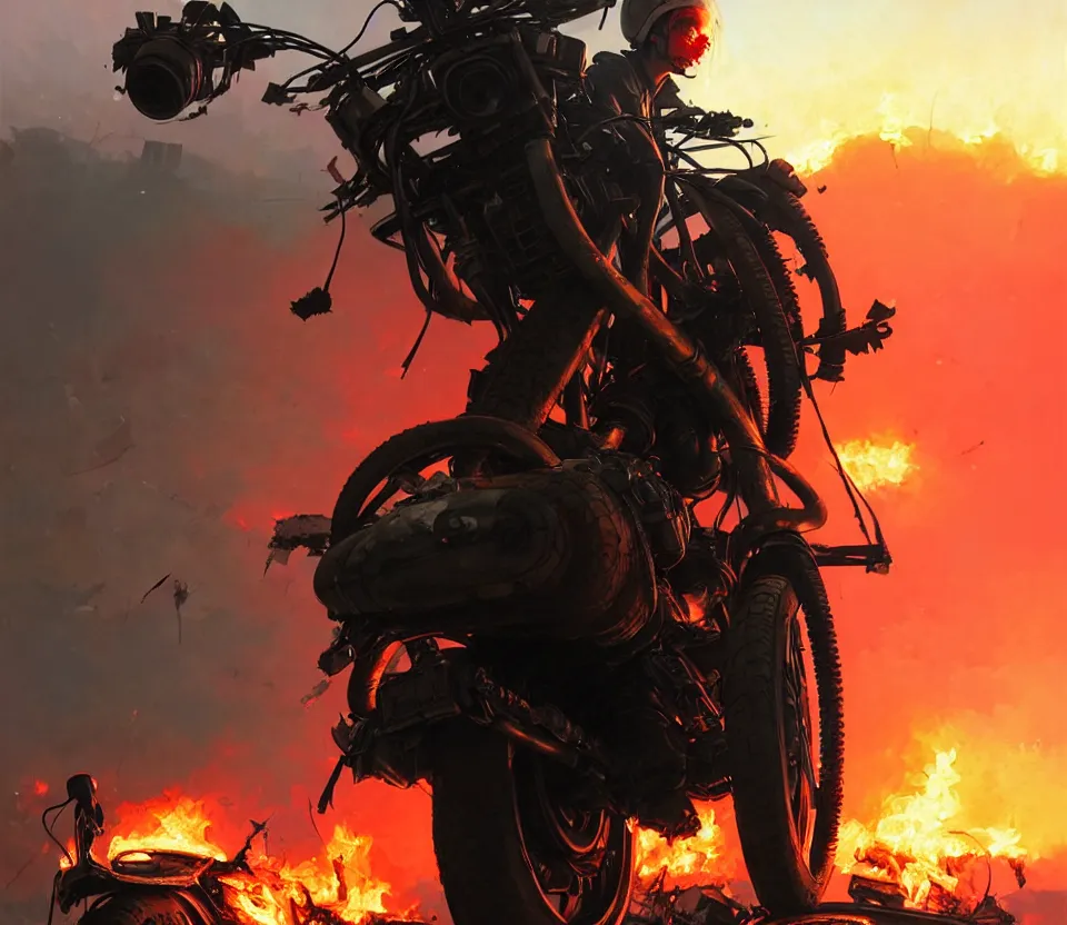 Image similar to a ultradetailed beautiful panting of post apocalyptic biker with helmet in front of crashed airplane burning, by ilya kuvshinov, greg rutkowski and makoto shinkai, trending on artstation