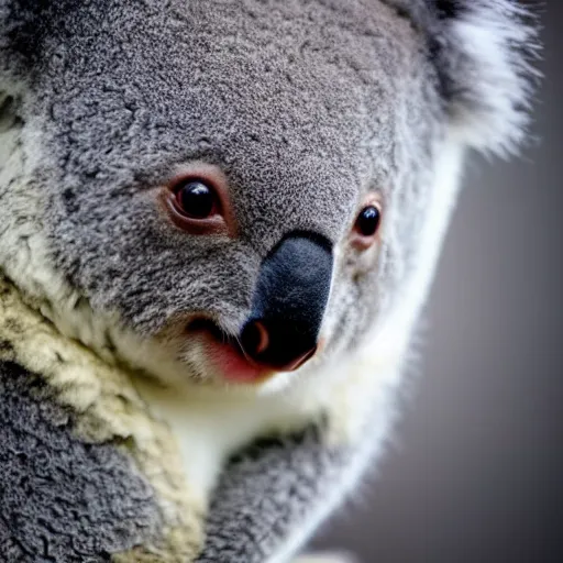 Image similar to award winning nature photograph of a koala. it has a very evil smile. extreme detail, beard hyperrealistic photo, smooth, trending on artstation
