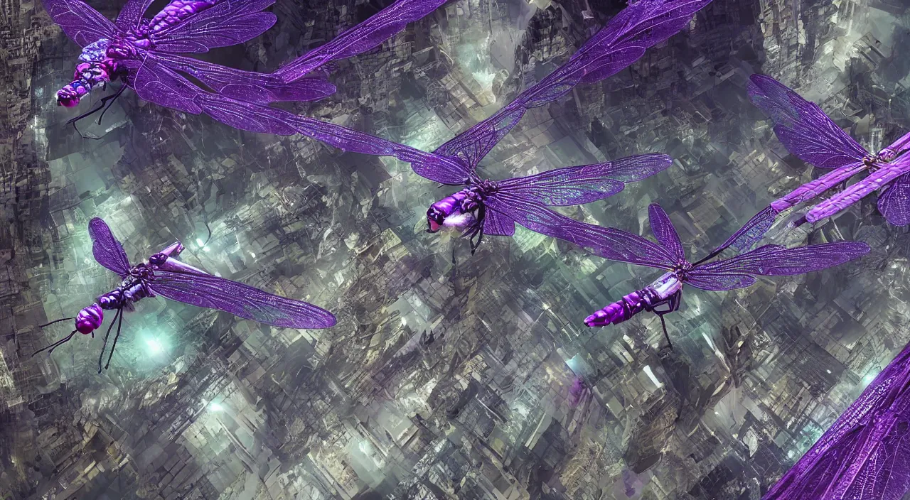 Image similar to a hi - resolution nature photograph of a dragonfly with wings made out of amethyst, flying over a cyber punk dystopian city. extremely detailed, mandelbulb 3 d, cinematic lighting