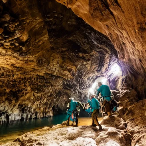 Prompt: photo of spelunkers in caving gear exploring a beautiful majestic cave full of geodes, crystals, and gemstones. there is a natural river of turquoise water. professional journalistic photography from national geographic.