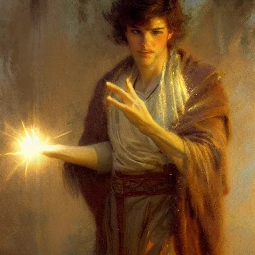 Prompt: a handsome slender young man with wavy brown hair summons a ball of light into his hand. dramatic. cinematic. holy. saintly. demigod. lord of light. gaston bussiere. geoffroy thoorens