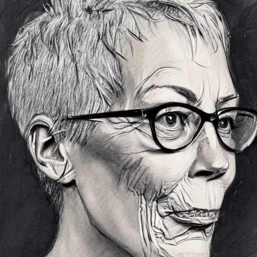 Prompt: a realistic yet scraggly portrait sketch of the side profile of a stern and sophisticated jamie lee curtis, trending on artstation, intricate details, in the style of frank auerbach, in the style of sergio aragones, in the style of martin ansin, in the style of david aja, in the style of mattias adolfsson