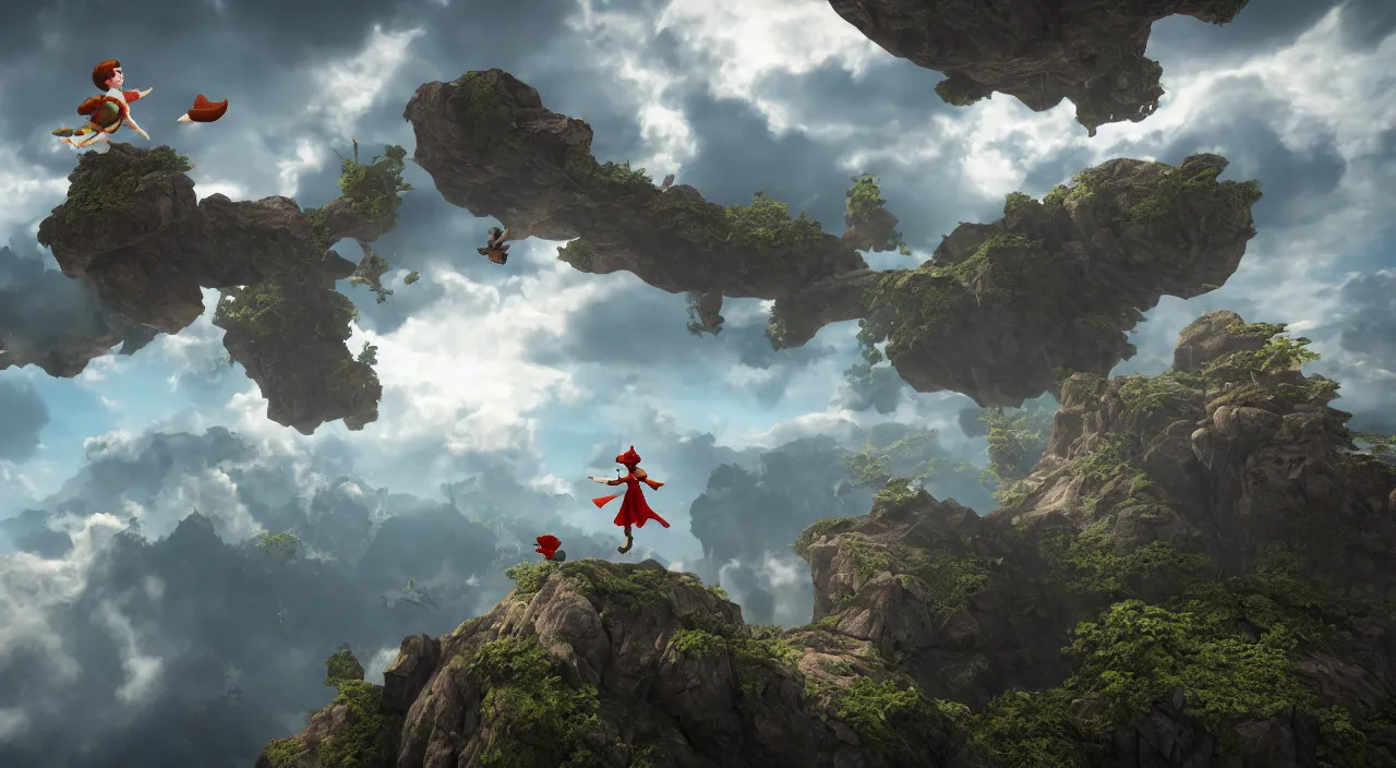 Prompt: peter pan flies through the clouds above neverland, dreamcore. 8k resolution, photograph, unreal engine, beautiful art, trending on art station, dreamcore.