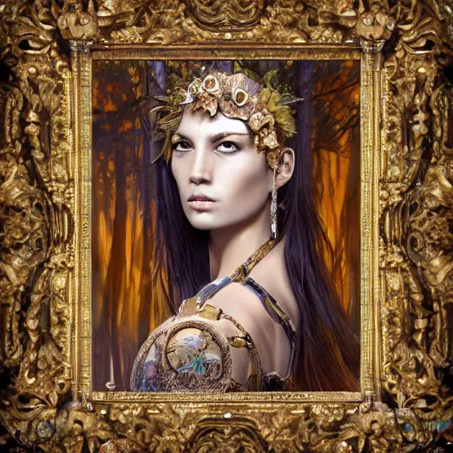 Prompt: oil painting of fantasy female warrior, symmetrical face, beautiful face, intricate jewellery, filigree armour, big earrings, shining eyes, crystals, covered in plants, standing in the mystical forest, realistic oil painting, baroque, renaissance painting, dramatic, cinematic light, trending on artstation, rule of thirds, highly detailed