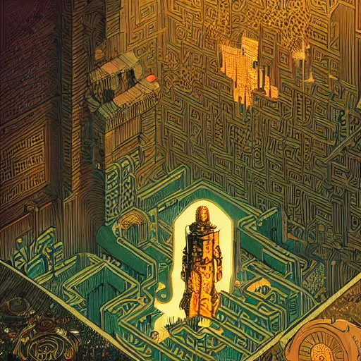 Prompt: Stunningly intricate illustration of a cyberpunk explorer overlooking a maze-like temple, highly detailed, midnight, by Victo Ngai and James Gilleard , Moebius, Laurie Greasley