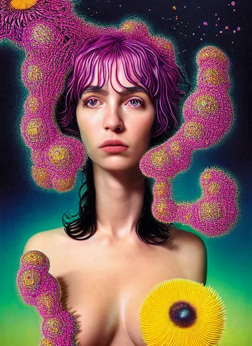 Image similar to hyper detailed 3d render like a Oil painting - Ramona Flowers with wavy black hair wearing thick mascara seen Eating of the Strangling network of colorful yellowcake and aerochrome and milky Fruit and Her staring intensely delicate Hands hold of gossamer polyp blossoms bring iridescent fungal flowers whose spores black the foolish stars by Jacek Yerka, Mariusz Lewandowski, Houdini algorithmic generative render, Abstract brush strokes, Masterpiece, Edward Hopper and James Gilleard, Zdzislaw Beksinski, Mark Ryden, Wolfgang Lettl, Dan Hiller, hints of Yayoi Kasuma, octane render, 8k