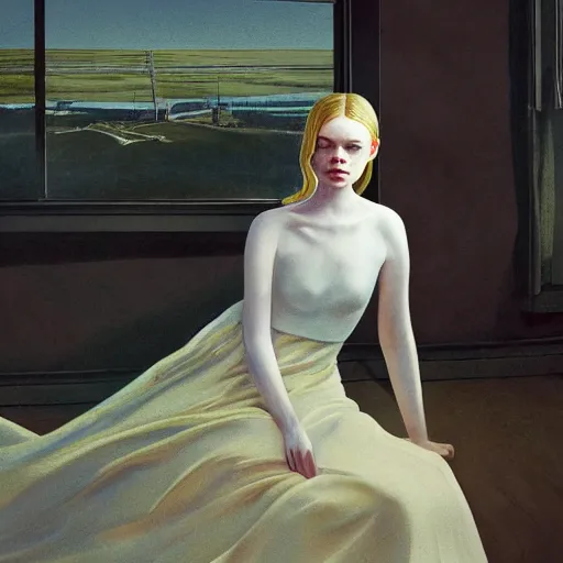 Prompt: Elle Fanning in the painted world of RE7, head and shoulders masterpiece, apocalypse, golden hour, cosmic horror, artstation, in the style of Andrew Wyeth and Edward Hopper and Bosch, extremely detailed