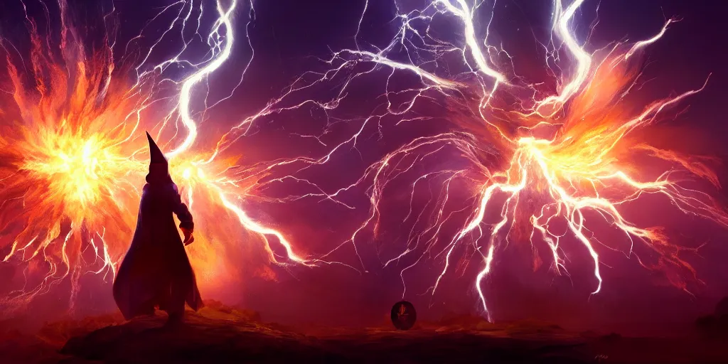 Image similar to wizard in front of magical explosion, lightning, fantasy, concept art, 8 k