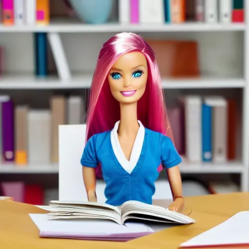 Image similar to a tired!!!!! and sad!!!!! barbie doll sits at a desk in her office. the desk is overflowing!!! with several large stacks!!! of paper that surround!!! her entirely. her head is resting on her hand, photorealistic,