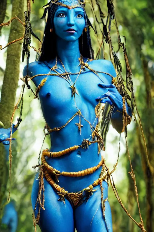 Prompt: a blue - skinned female navi from avatar wearing an elaborate outfit made out of shells wrapped in barbed wire suspended in the air between two trees, cosplay, body paint, high resolution film still, hdr color, movie by james cameron, clean composition, highly symmetric body parts, blue skin