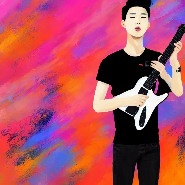 Prompt: a young korean male musician wearing black tank top holding a telecaster!!! electric guitar!! explodes in thick flowing dramatic brush strokes, matte colors, abstract, impressionist, motion, trending on artstation