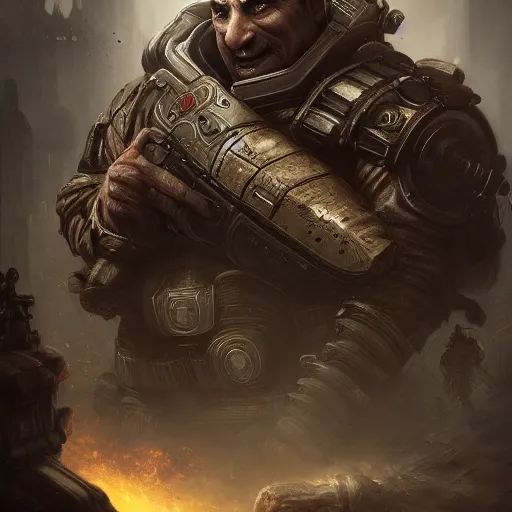 Image similar to Mister Bean in Gears of War cover art, ultra wide lens shot, pretty, beautiful, DnD character art portrait, matte fantasy painting, eerie, DeviantArt Artstation, by Jason Felix by Steve Argyle by Tyler Jacobson by Peter Mohrbacher, cinematic lighting