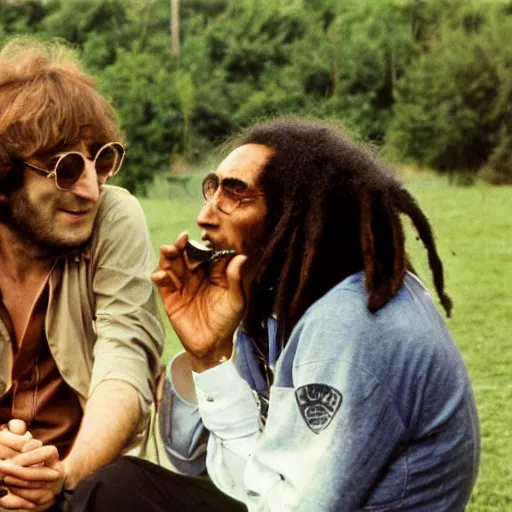 Image similar to john lennon smoking a joint with bob Marley, photograph by Willy Spiller, 1970s