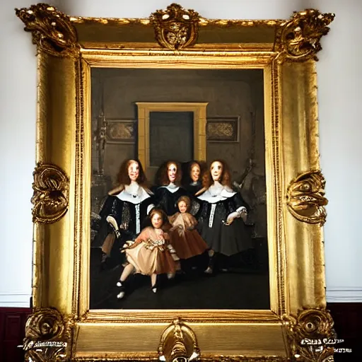 Prompt: super quality family portrait in the main room of the castle painted in 1 6 5 6, dark room, one point of light coming through the window inspired by las meninas, clear spaces between each subject and good detail and realistic eyes, faces for each person in the canva, inspired by diego velasquez baroque style