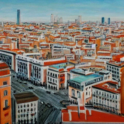 Image similar to bird's eye view of Madrid from Azca, realist painting by Isabel Quintanilla, 1981, W 768