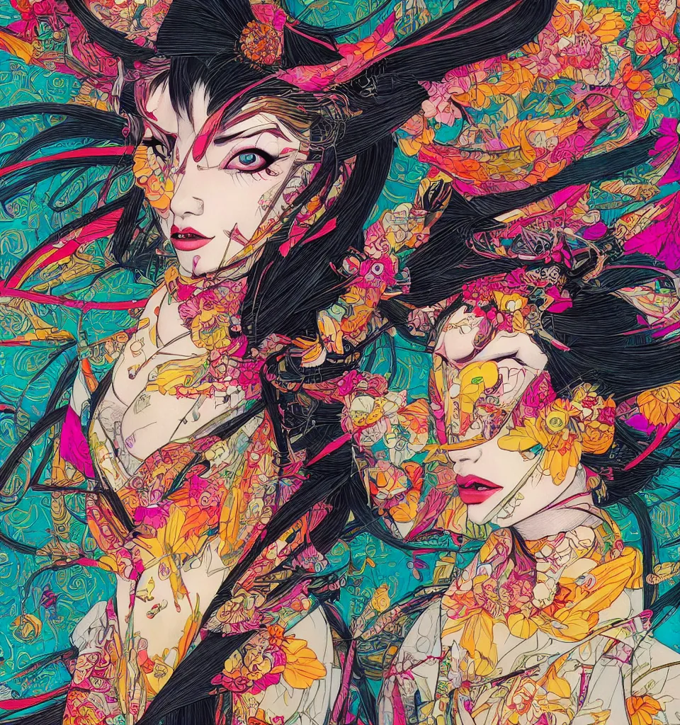 Image similar to colourful geisha in the style of android jones, 1 6 k, ultra detailed, ultra intricate, artstation