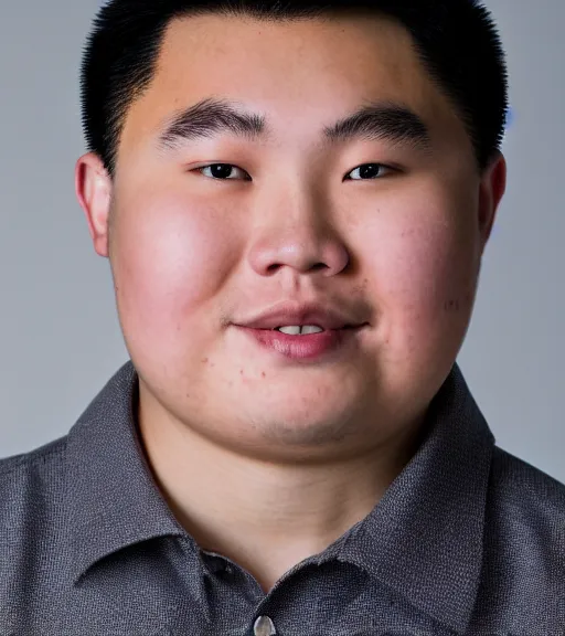 Prompt: a professional portrait of frank zhang, a 1 7 year old chinese - canadian boy with brown eyes, military cut flat top black hair, a warm smile, a chubby, round face, a chubby body, 6'3 height, archer