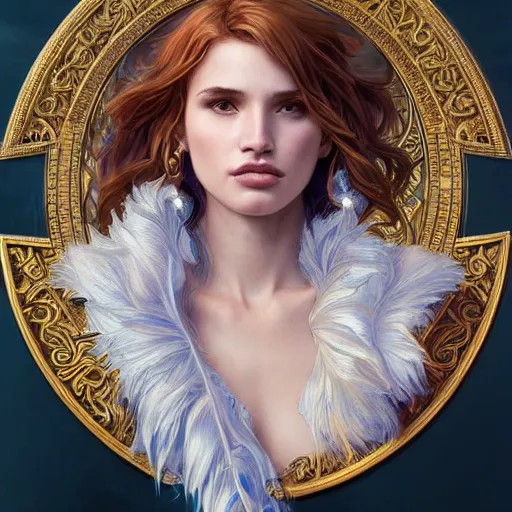 Image similar to ultra realistic illustration, bella thorne wearing amulet of power, intricate, elegant, highly detailed, digital painting, artstation, concept art, smooth, sharp focus, illustration, art by artgerm and greg rutkowski and alphonse mucha