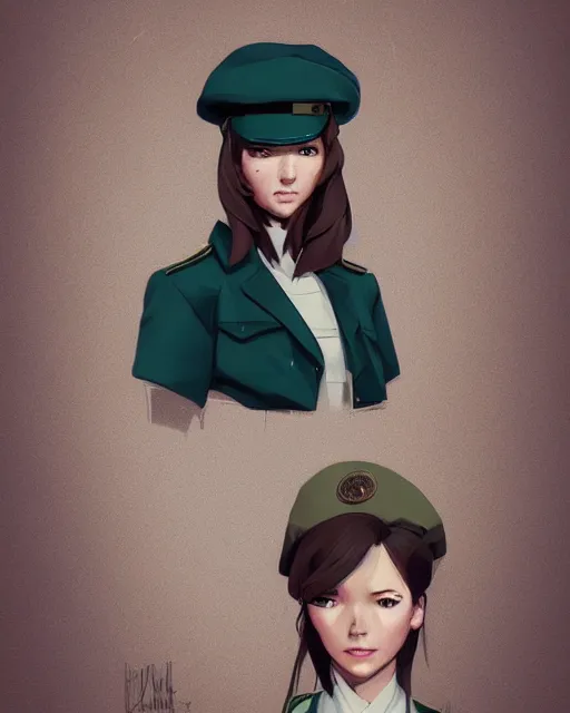 Image similar to potrait bust of young woman with shoulder length light brown hair and hazel eyes dressed in a sharp dark teal military uniform and beret, symmetry, anime, ilya kuvshinov, greg rutkowski, guweiz, ross tran, loish, svetlana tigai, artgerm, artstation trending, concept art, digital painting