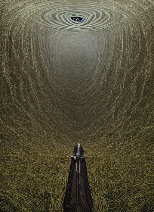 Image similar to the expansion of self realization while tipping hallucinogenic dmt, space and time bending into a vortex of subjective reality, event horizon from within, sean yoro, zdzisław beksinsk