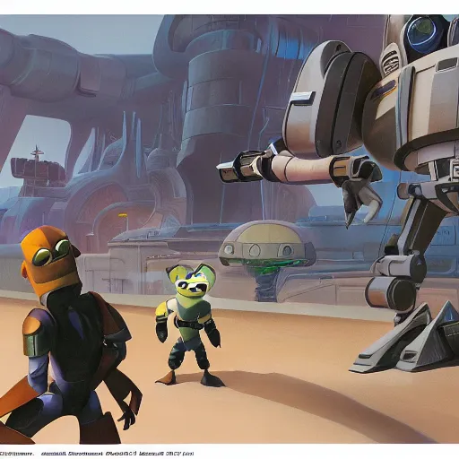 Image similar to ralph mcquarrie concept art for ratchet & clank