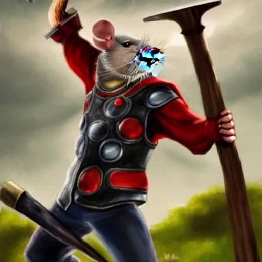 Prompt: the rat thor ~ holding his hammer ~ dramatic thunder background ~ fighting scene ~