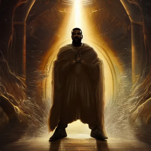 Image similar to Portrait of Kanye West as the god-emperor of mankind, amazing splashscreen artwork, splash art, natural light, elegant, intricate, fantasy, atmospheric lighting, cinematic, matte painting