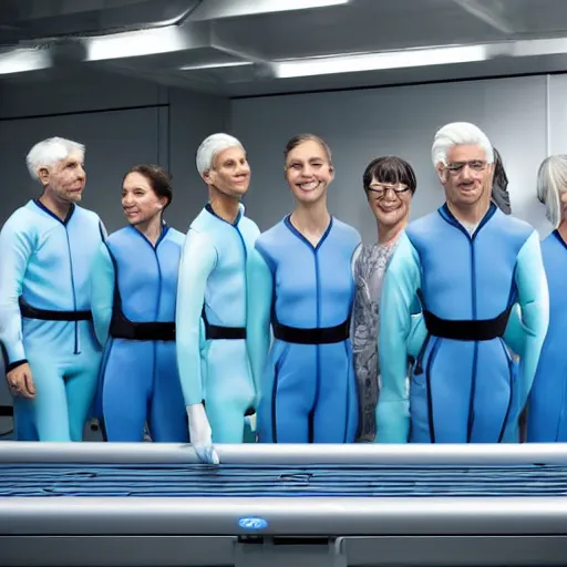 Image similar to group of identical athletic humans with light blue neoprene suits and white hair standing in a line on a conveyor belt, background of advanced futuristic laboratory, sci - fi, highly detailed, hyperrealistic