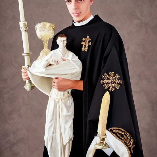 Prompt: attractive kai havertz wearing priest outfit holding large detailed ivory candlestick. natural lighting by photorealistic, portrait. 8 k high definition