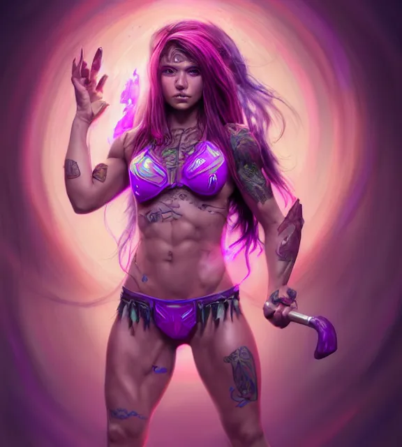 Image similar to muscular female gamer holding keyboard and mouse, perfect face, diadem, detailed neon tattoos, magic bikini armor, neon purple flowing hair, abs, cinematic, blush, stunning, athletic, strong, agile, highly detailed, psychedelic, digital painting, artstation, smooth, hard focus, rim lighting, back lighting, illustration, art by jessica rossier and brian froud