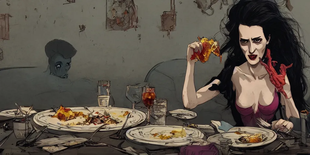 Image similar to cartoonish eva green eating dinner, vivid colors, character sheet, fine details, concept design, contrast, kim jung gi, greg rutkowski, enki bilal, trending on artstation, 8 k, full body, turnaround, front view, back view, ultra wide angle