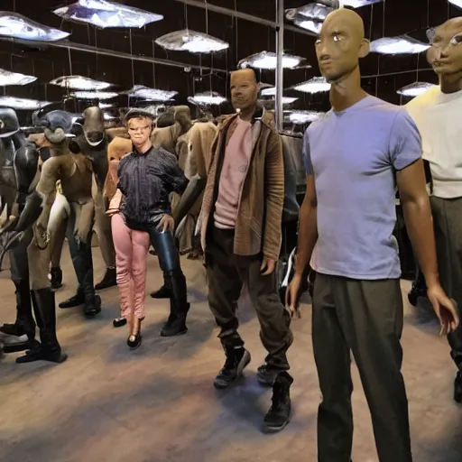 Image similar to a room full of will smith mannequins