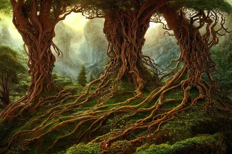 Prompt: a beautiful and highly detailed digital painting of an elven tree with celtic roots in the mystical mountains, psychedelic patterns, intricate details, epic scale, 8 k, sharp focus, photorealism, artstation, cgsociety, by caspar friedrich, albert bierstadt, james gurney, brian froud,