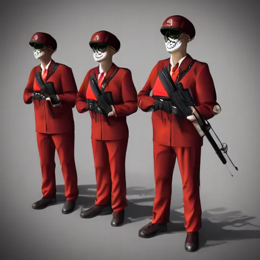 Prompt: glowing red skin undead security officers in vintage beige uniforms and visors holding submachine guns in a brutalist office setting trending on artstation digital painting 4 k sharp detail clear accurate high quality