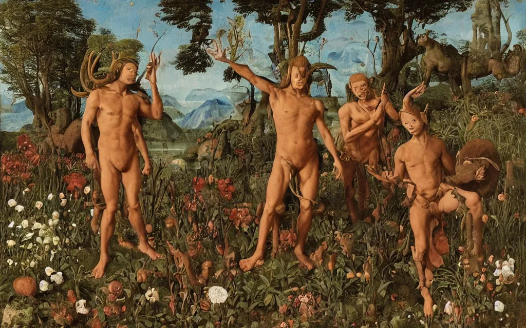 Image similar to a portrait photograph of a meditating satyr and a centaur monk riding a rocket machine and hunting at a river delta. surrounded by bulbous flowers and trees. mountain range under a blue sky of fiery stars. by jan van eyck, max ernst, ernst haeckel, ernst fuchs and artgerm, cgsociety, fashion editorial, 8 k