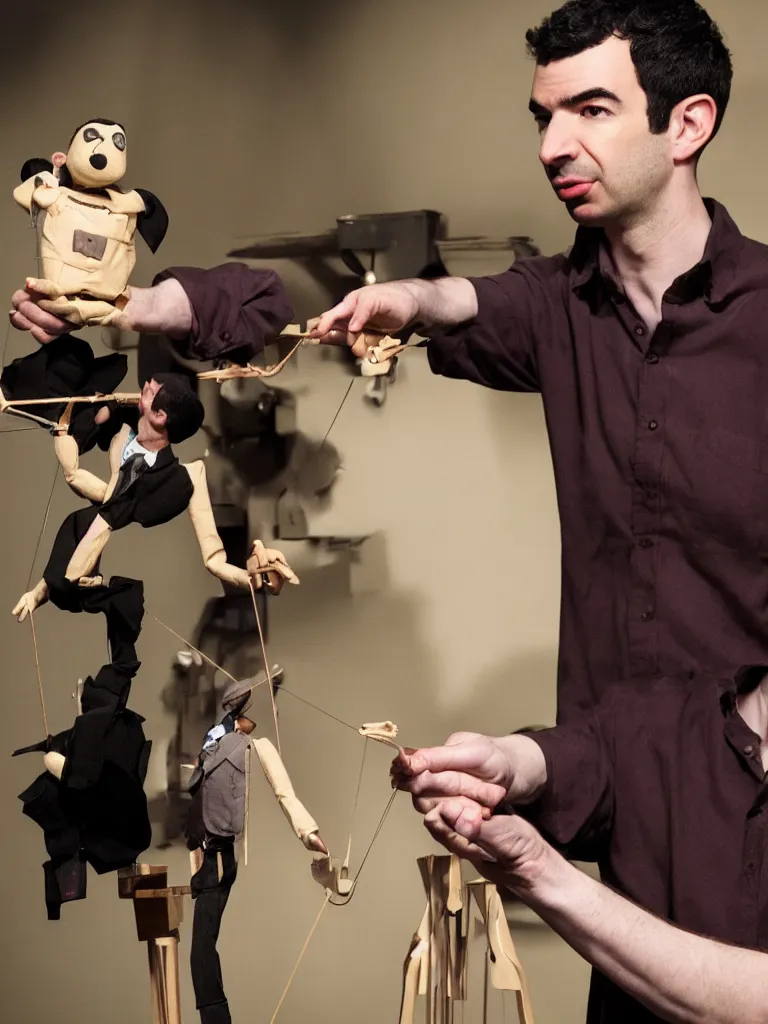 Prompt: close up photograph of nathan fielder behind a puppet stage controlling a marionette by the strings, high detail, 8 k, photorealism, sharp focus, volumetric lighting