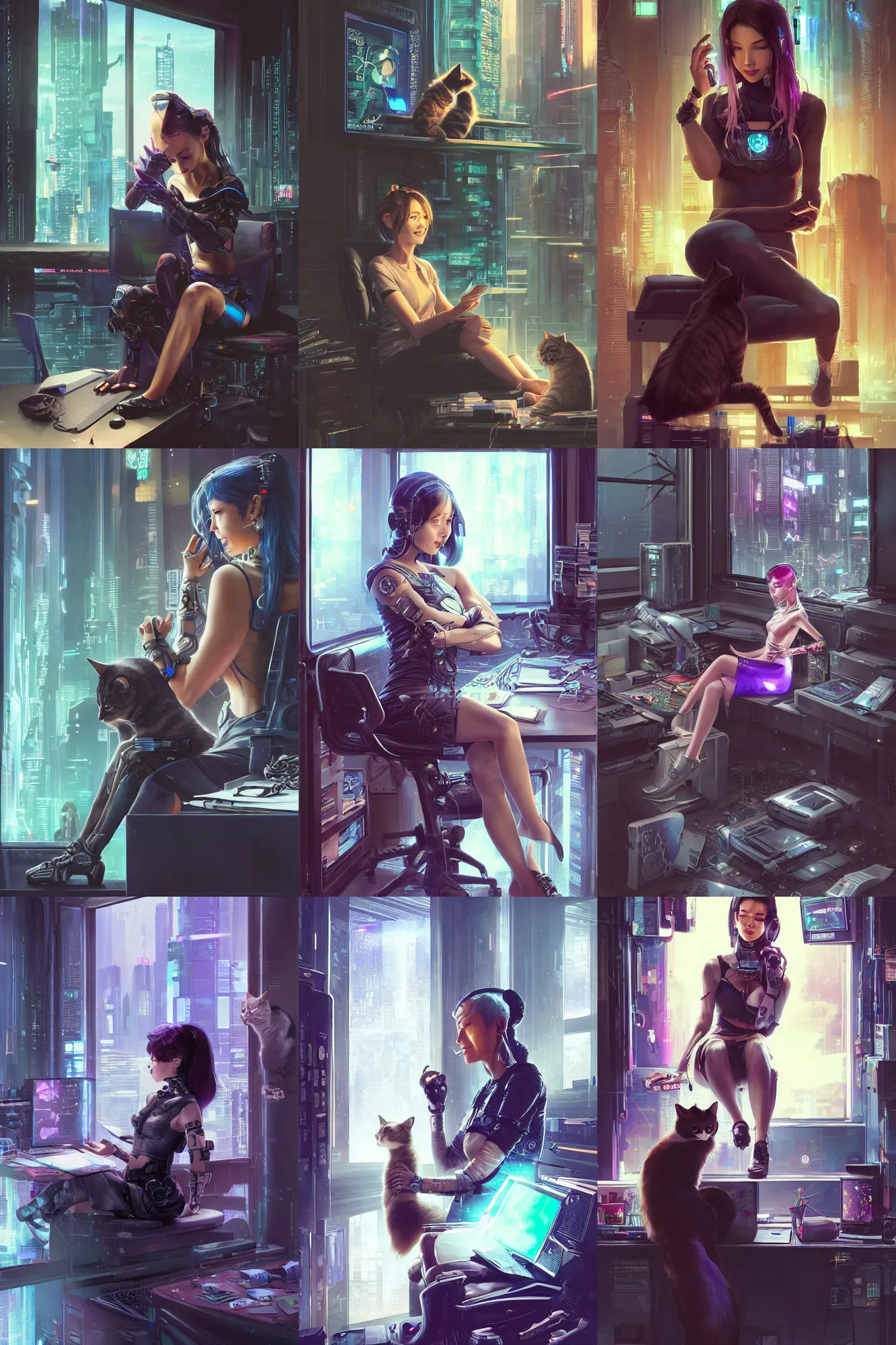 Prompt: a beautiful cyberpunk girl sitting in her office petting a cat in her lap | | cute - fine - subtle smile, face, multiple computer monitors, sci fi, pretty face, fine details by stanley artgerm lau, wlop, rossdraws, james jean, andrei riabovitchev, marc simonetti, and sakimichan, trending on artstation