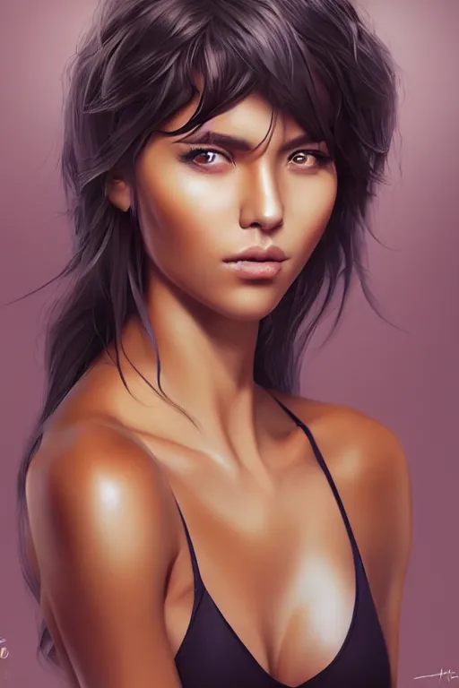 Prompt: Tanned beauty portrait by Artgerm and WLOP